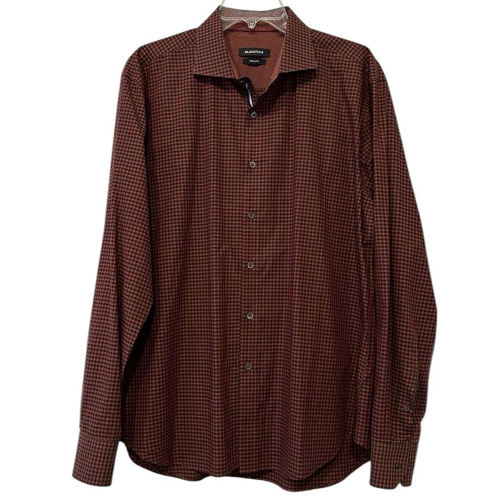 Bugatchi Long Sleeve Small Check Button Front Cotton Shirt XL Shaped Fit